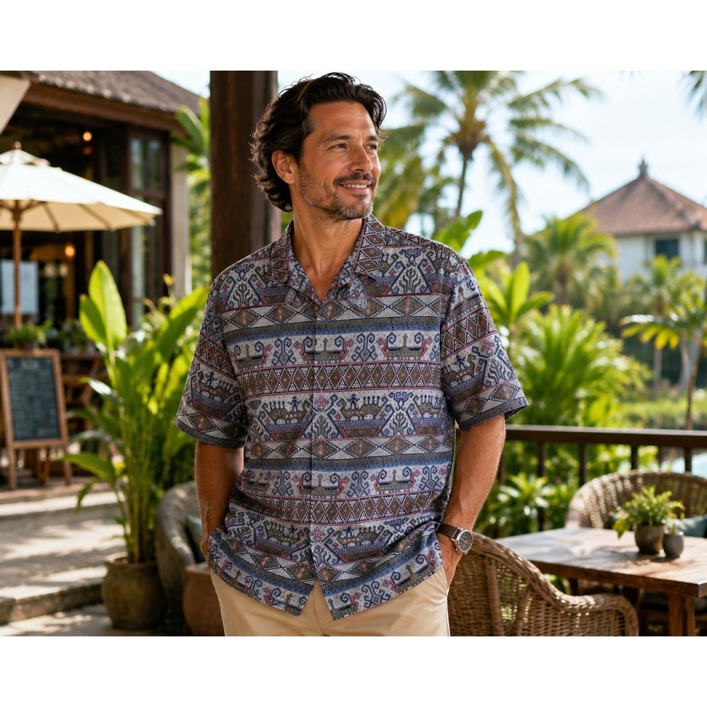 Batik Keris Mens XL 100% Cotton Indonesian Tribal Print Button Up Shirt Gray